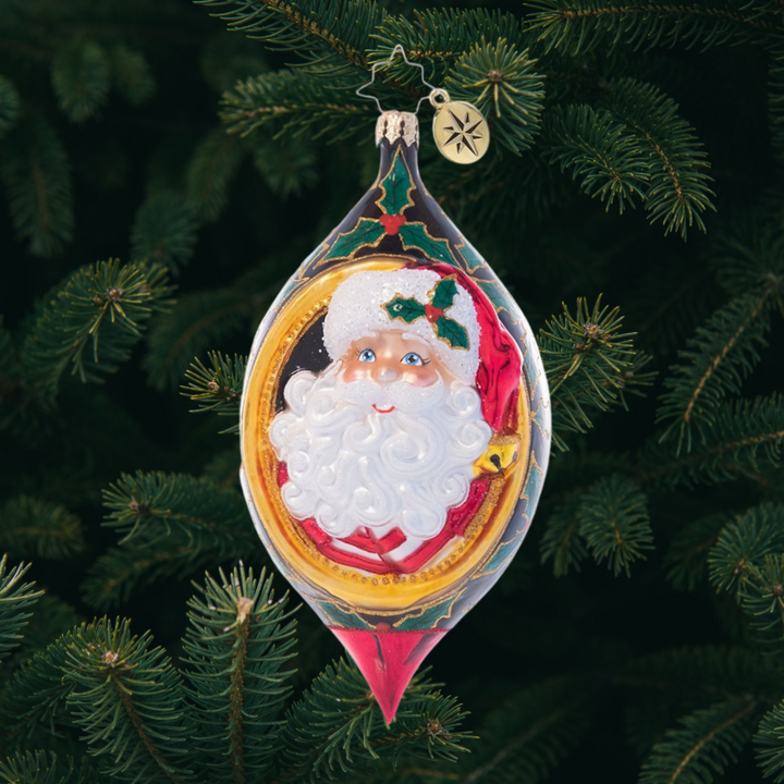 Ornament Description - Holly Jolly Christmas: 'Tis the season! Jolly old Saint Nick smiles from within this intricate drop ornament adorned with festive holly leaves and berries.