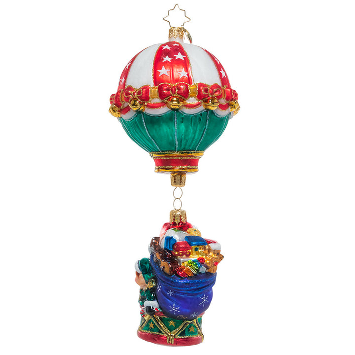 Back - Ornament Description - Soaring to Holiday Heights: Up, up, and away! Santa has given his reindeer the day off, loading up the Claus hot air balloon to make all his special Christmas deliveries.