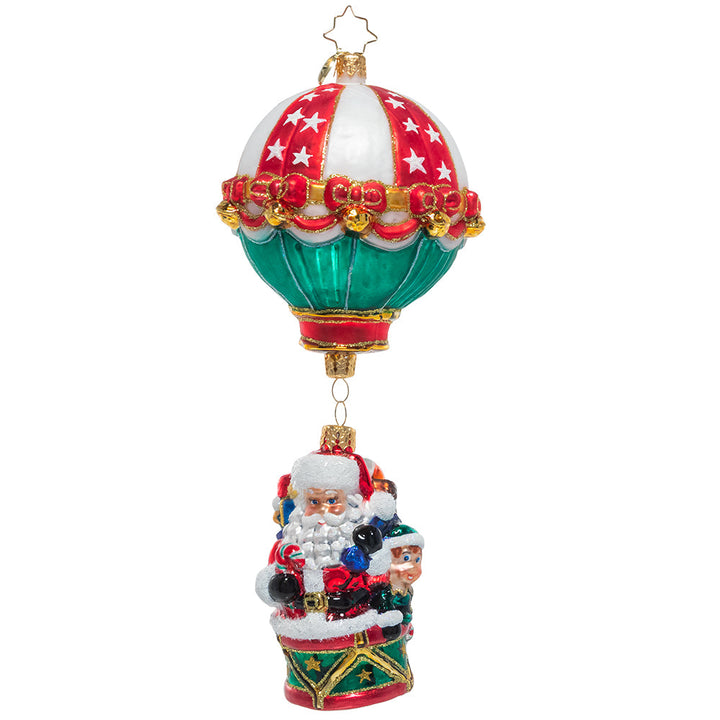 Front - Ornament Description - Soaring to Holiday Heights: Up, up, and away! Santa has given his reindeer the day off, loading up the Claus hot air balloon to make all his special Christmas deliveries.