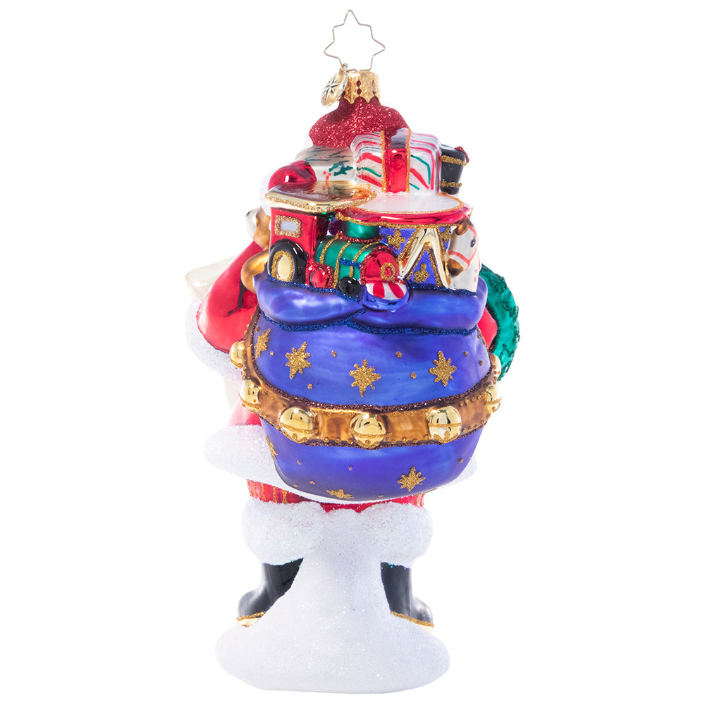 Back - Ornament Description - Stocked Up for Christmas: Someone get the sleigh! He's made his list, checked it twice, and now Santa has packed his magic sack full of toys--he's officially ready to make some very special deliveries!