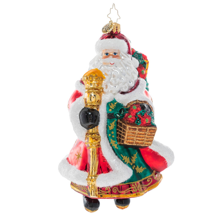 Front - Ornament Description - Festive Florals Santa: With a gift basket of Christmas poinsettias and decorated robes to match, Santa is heading to a fancy holiday party. His golden staff will help light the way through the snow.