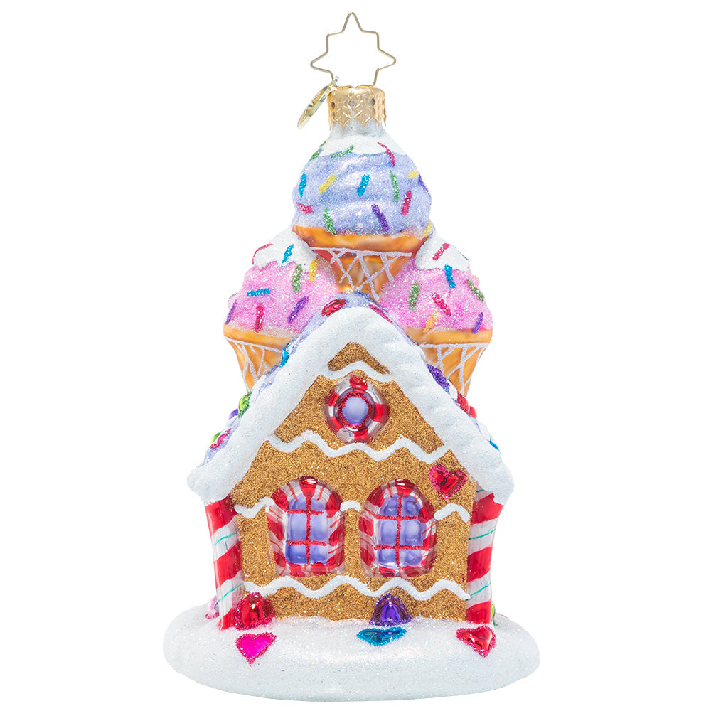 Back - Ornament Description - Sprinkled Sundae Chalet: Christmas is even sweeter than usual at this gingerbread house with a sundae on top! Delicious and decadent, it's sure to satisfy any sweet tooth this season.
