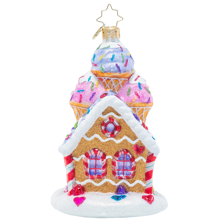 Back - Ornament Description - Sprinkled Sundae Chalet: Christmas is even sweeter than usual at this gingerbread house with a sundae on top! Delicious and decadent, it's sure to satisfy any sweet tooth this season.