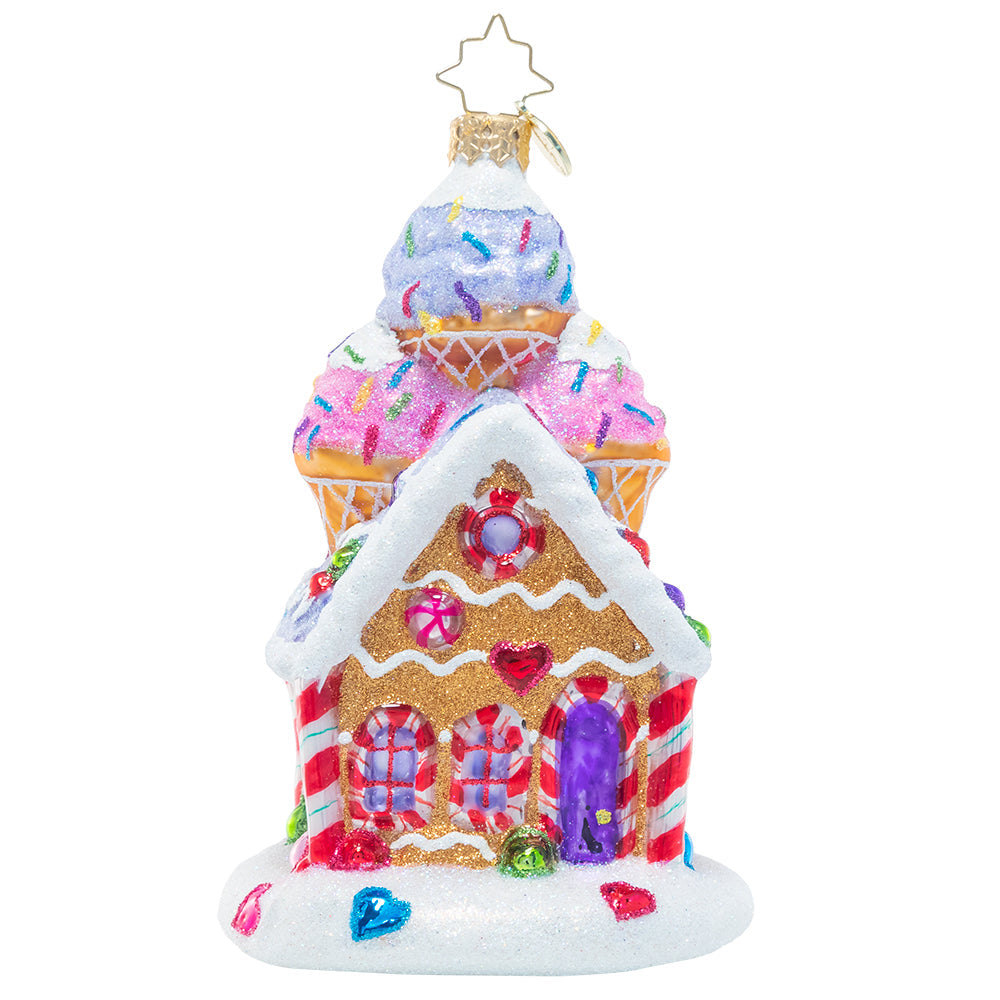 Front - Ornament Description - Sprinkled Sundae Chalet: Christmas is even sweeter than usual at this gingerbread house with a sundae on top! Delicious and decadent, it's sure to satisfy any sweet tooth this season.