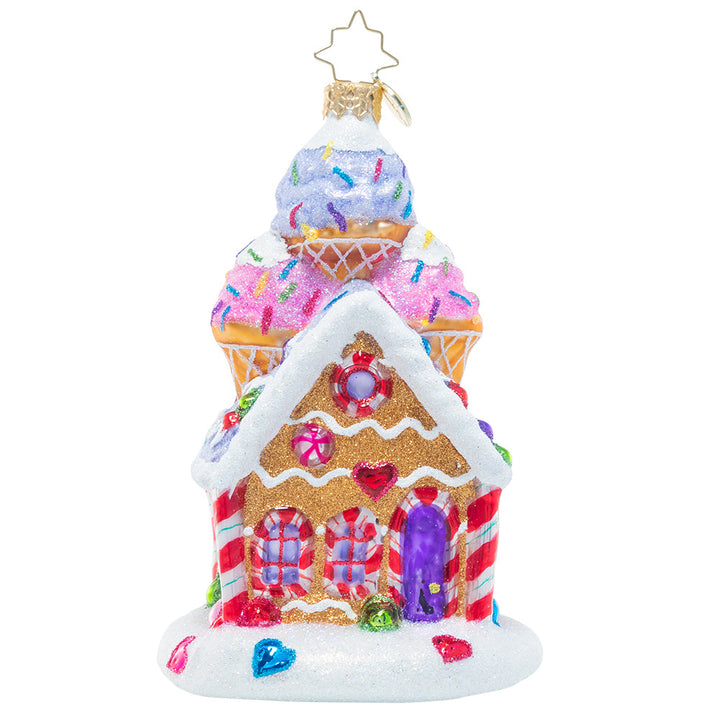 Front - Ornament Description - Sprinkled Sundae Chalet: Christmas is even sweeter than usual at this gingerbread house with a sundae on top! Delicious and decadent, it's sure to satisfy any sweet tooth this season.