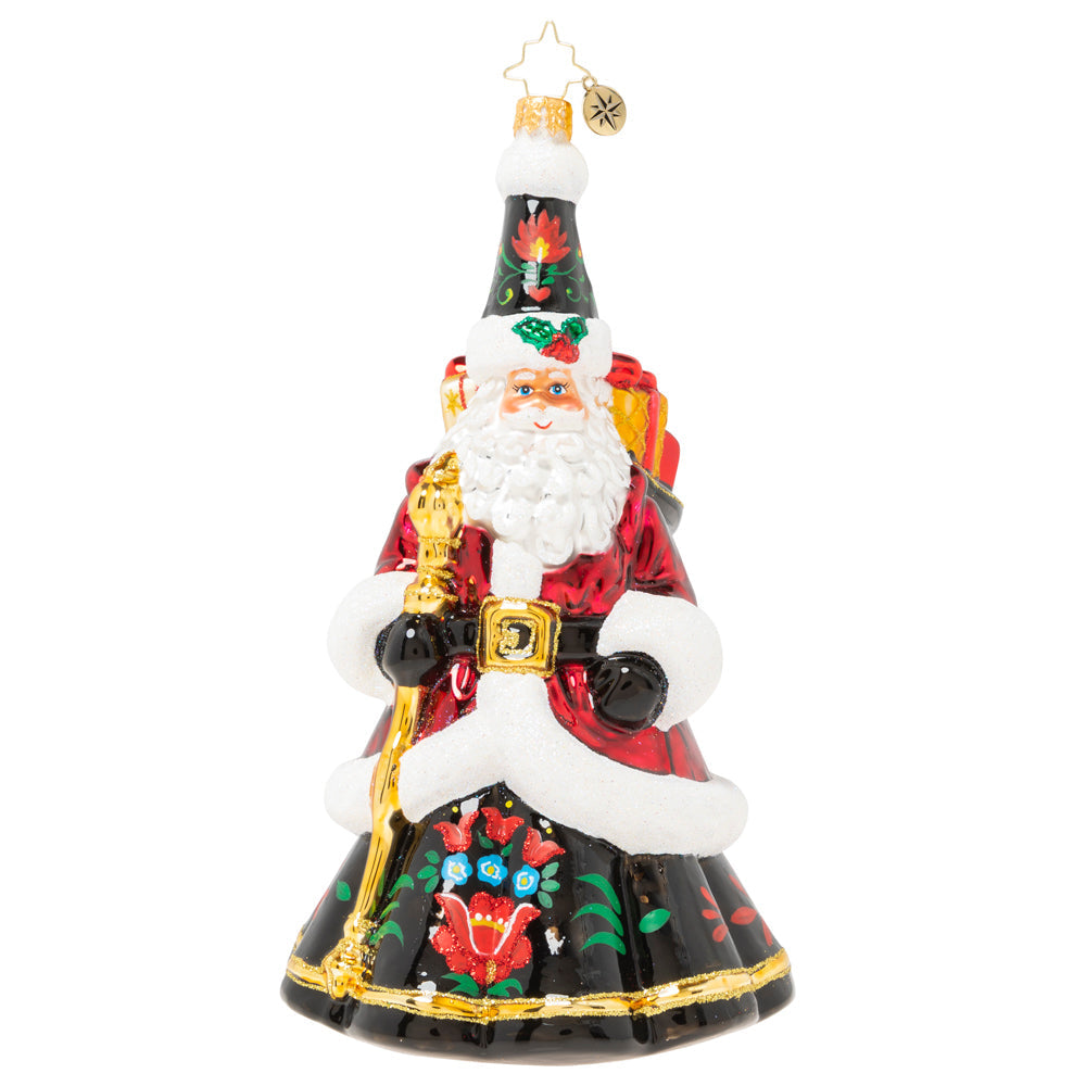 Front - Ornament Description - Festive Folk Santa: Santa puts a twist on traditional in this cozy ensemble fashioned in the style of beautiful European folk art. Our Designer's Choice ornament of the year looks like he could have stepped straight out of a Christmas fairytale!