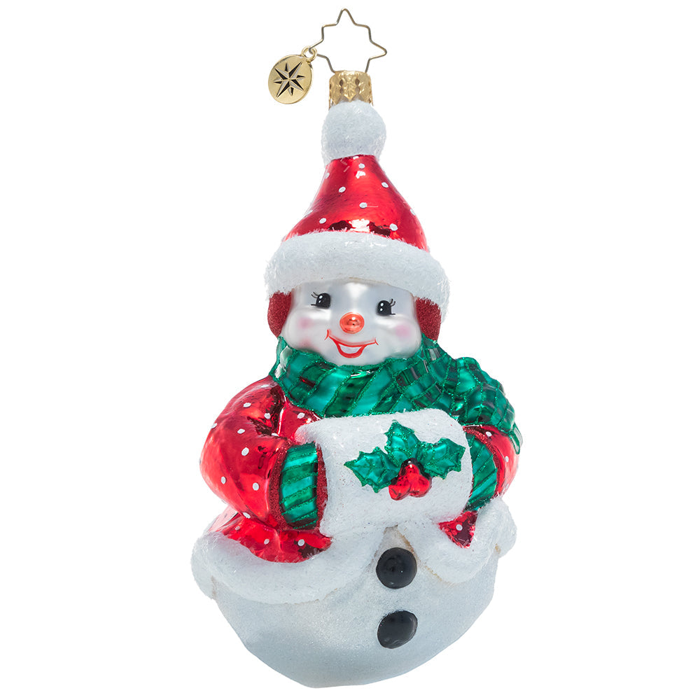 Front - Ornament Description - Holly Jolly Snowman: 'Tis the season to smile and this cheerful snow friend is very happy to see you! He's bundled up against the frosty air in some festive furs and a holly muff.