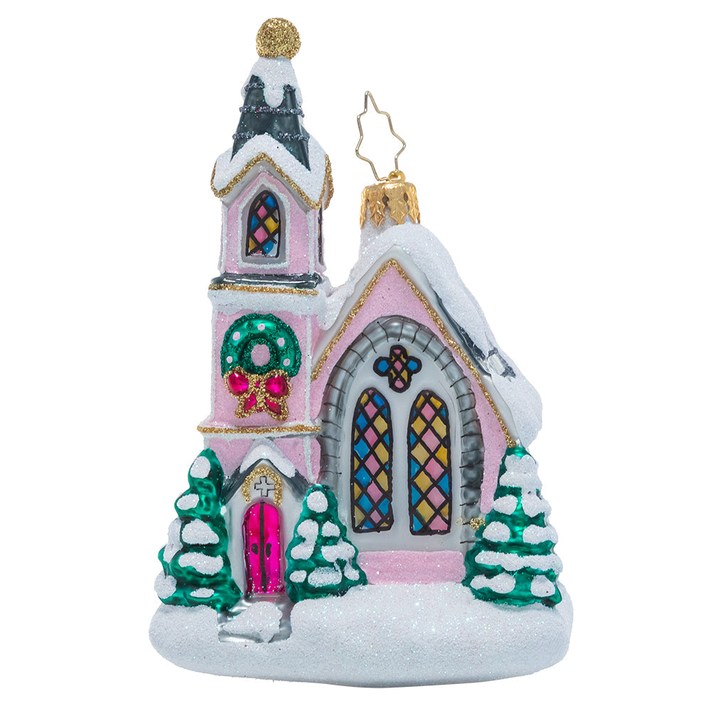 Front - Ornament Description - Enchanting Chapel: The warm glow of this charming pink chapel calls to visitors from far and wide and welcomes them in from the winter cold. What better way to celebrate Christmas than at a place that makes you feel right at home?
