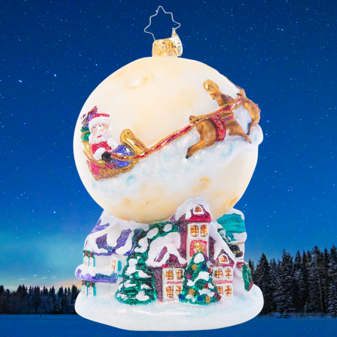 Ornament Description - And to All A Good Night: Christmas Eve is finally here! Santa and his reindeer team have taken to the skies to deliver toys to every good girl and boy, illuminated by light of a glowing full moon.