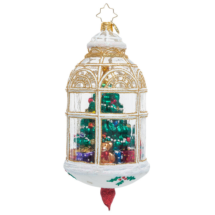 Back - Ornament Description - Cozy Christmas: Capture the warmth of a holiday home with this unique piece, created to reflect the look of a beautifully decorated Christmas tree viewed through a glass windowpane.