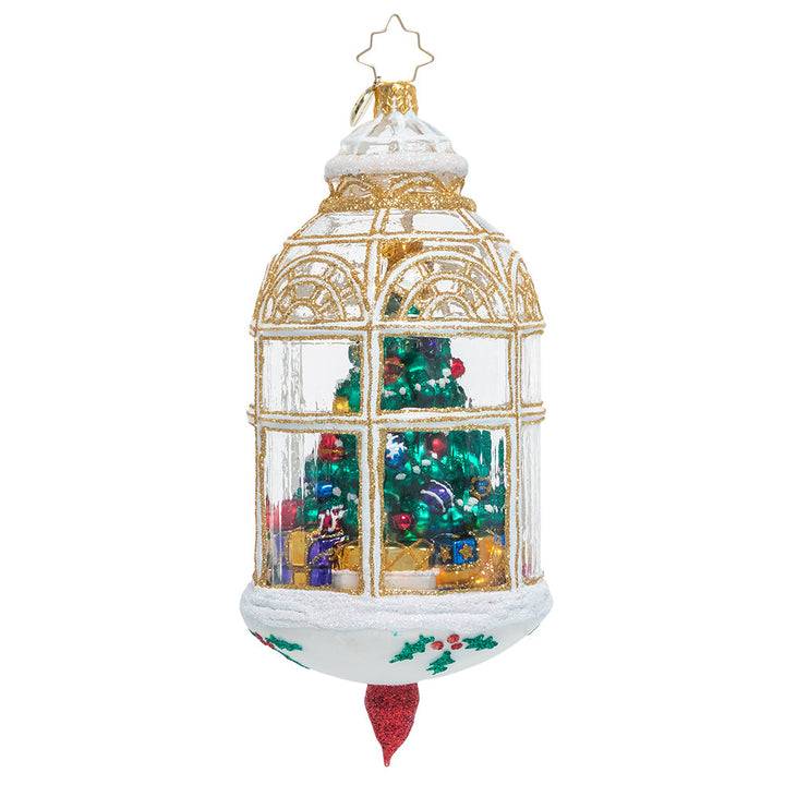 Ornament Description - Cozy Christmas: Capture the warmth of a holiday home with this unique piece, created to reflect the look of a beautifully decorated Christmas tree viewed through a glass windowpane.