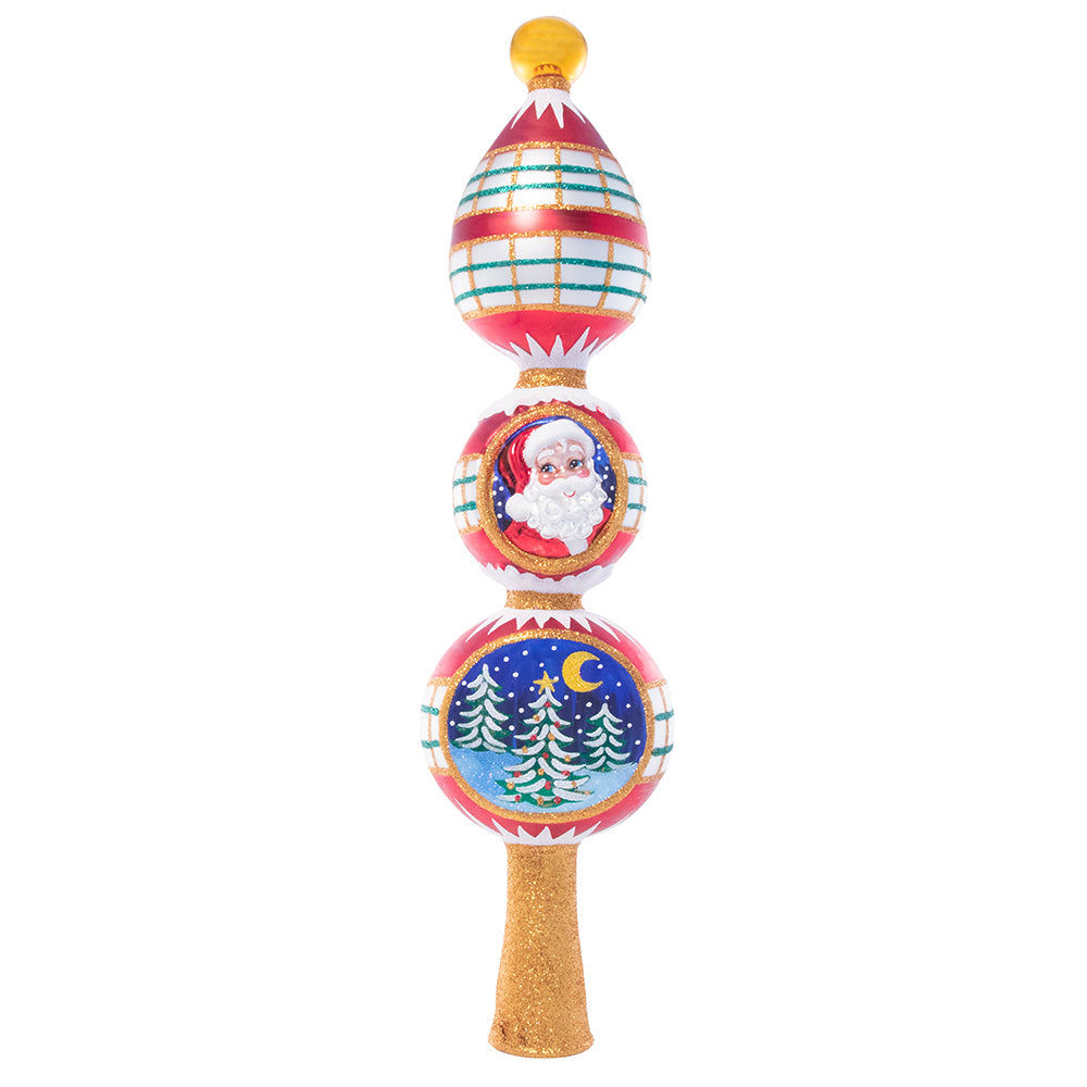 Front - Finial Description - Festive and Folksy Finial: Top your tree with this candy-striped finial. Decorated with two classic Christmas vignettes – Santa Claus and a snowy night in the woods.