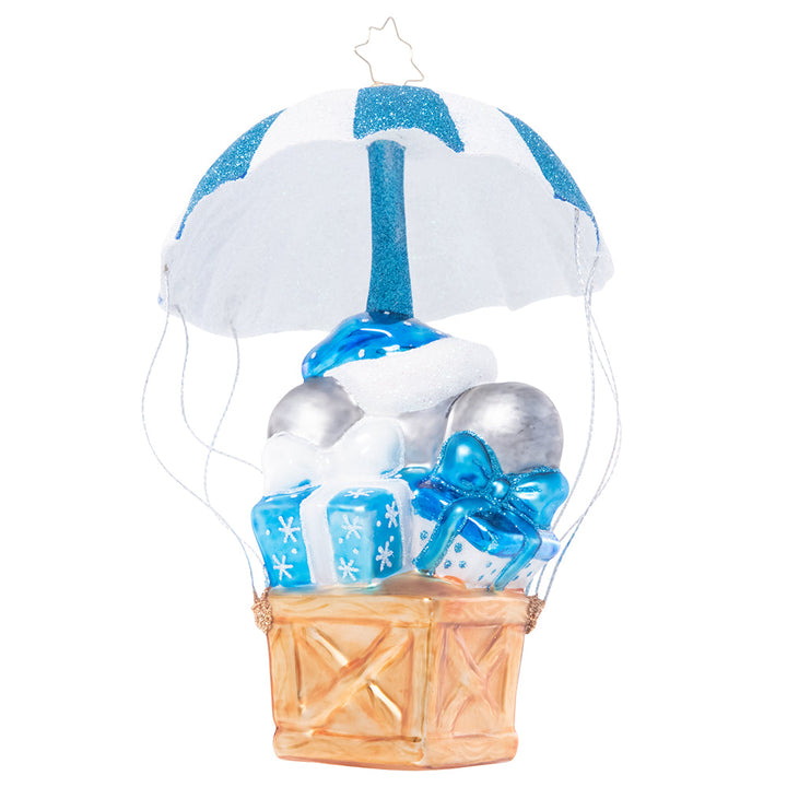 Back - Ornament Description - Bundle of Joy Baby: Baby on board! Welcome the newest little one in your life with this adorable ornament featuring a sweet baby elephant floating in on a blue and white air mail parachute.