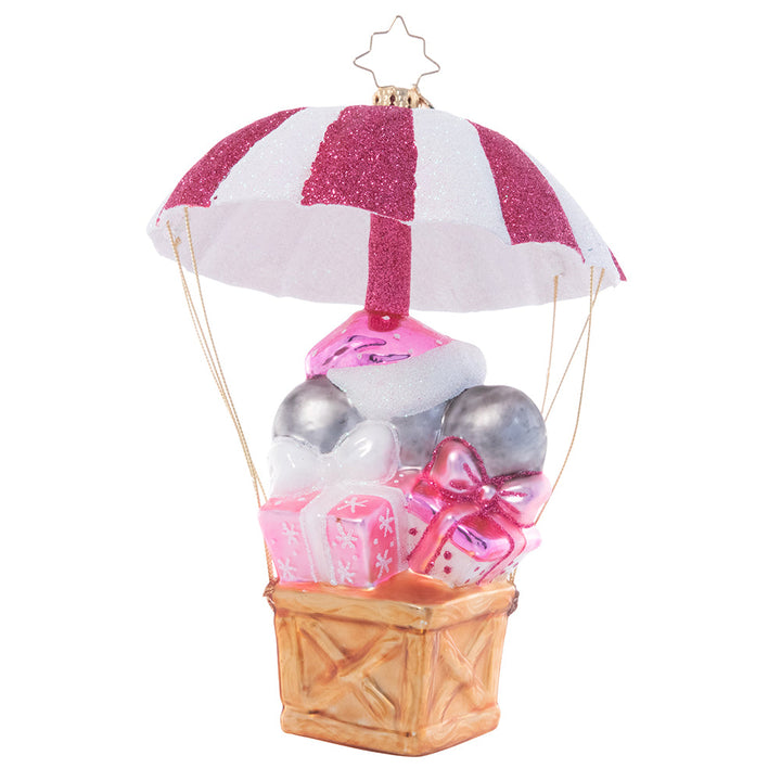 Back - Ornament Description - Sugar and Spice Baby: Special Delivery! Celebrate your new arrival with this darling ornament featuring an adorable baby elephant floating in on a shimmering pink and white air mail parachute.