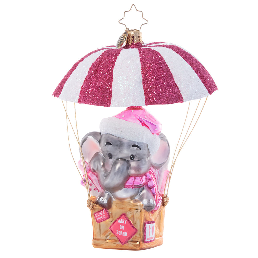 Front - Ornament Description - Sugar and Spice Baby: Special Delivery! Celebrate your new arrival with this darling ornament featuring an adorable baby elephant floating in on a shimmering pink and white air mail parachute.