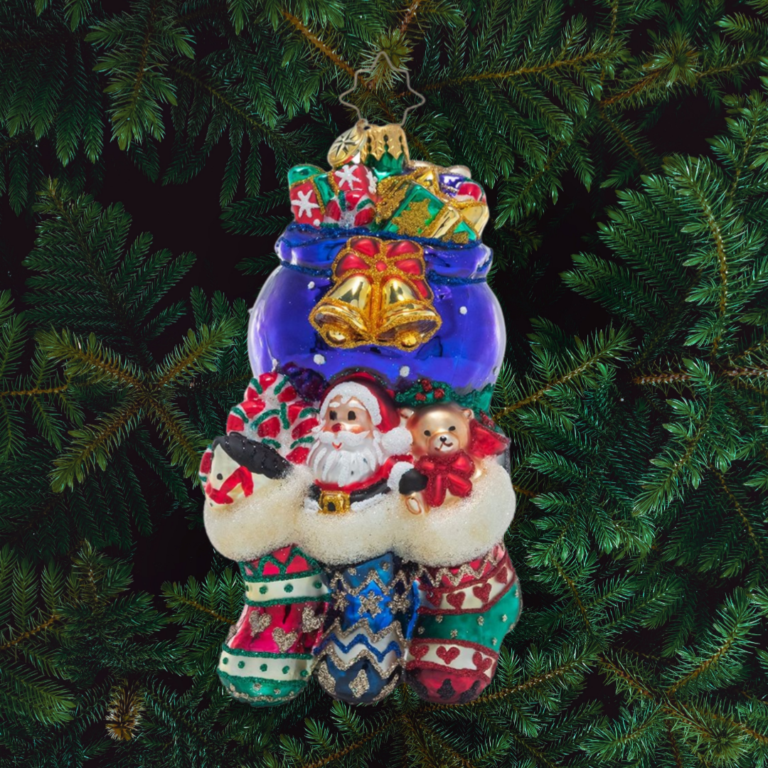 Ornament Description - Santa Was Here!: There's no doubting that Saint Nick has paid a visit to this chimney. He's stuffed all the stockings full of surprises for three very good children on Christmas morning!