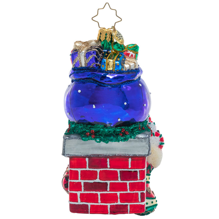 Back - Ornament Description - Santa Was Here!: There's no doubting that Saint Nick has paid a visit to this chimney. He's stuffed all the stockings full of surprises for three very good children on Christmas morning!
