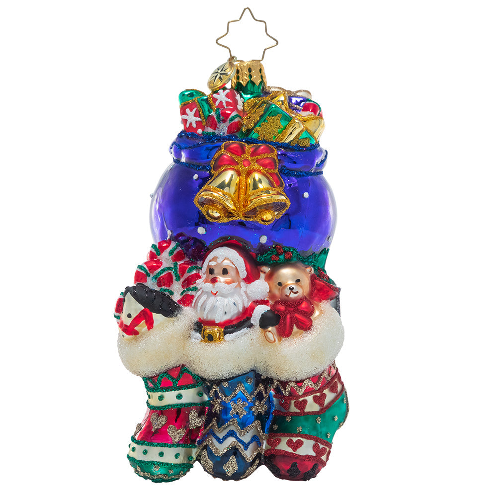 Front - Ornament Description - Santa Was Here!: There's no doubting that Saint Nick has paid a visit to this chimney. He's stuffed all the stockings full of surprises for three very good children on Christmas morning!