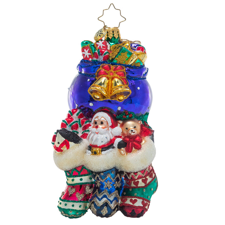 Front - Ornament Description - Santa Was Here!: There's no doubting that Saint Nick has paid a visit to this chimney. He's stuffed all the stockings full of surprises for three very good children on Christmas morning!