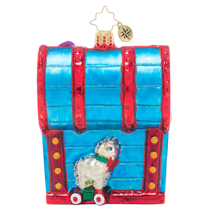 Back - Ornament Description - Treasured Toybox: Open the lid and who knows what surprises await you inside! This vibrant toy chest is filled to the tippy top with Christmas treasures for every good girl and boy.