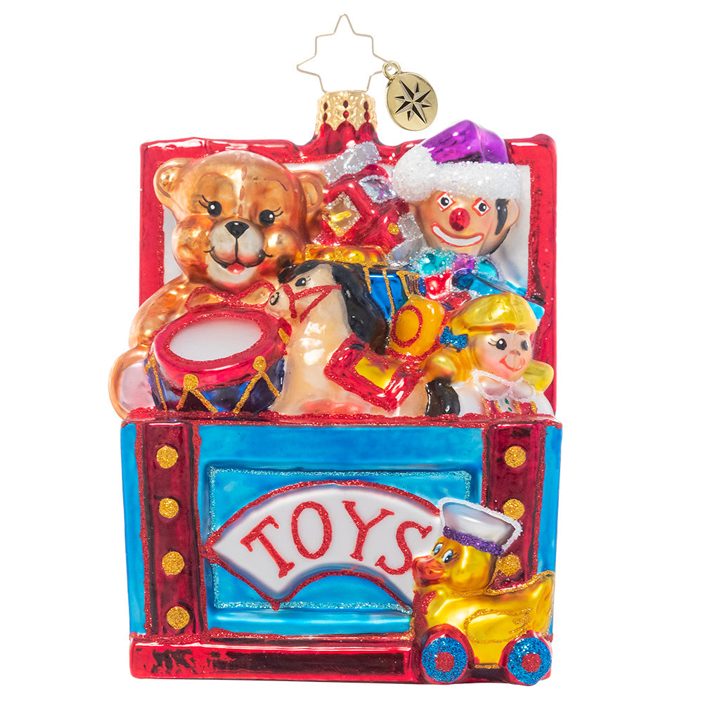 Front - Ornament Description - Treasured Toybox: Open the lid and who knows what surprises await you inside! This vibrant toy chest is filled to the tippy top with Christmas treasures for every good girl and boy.