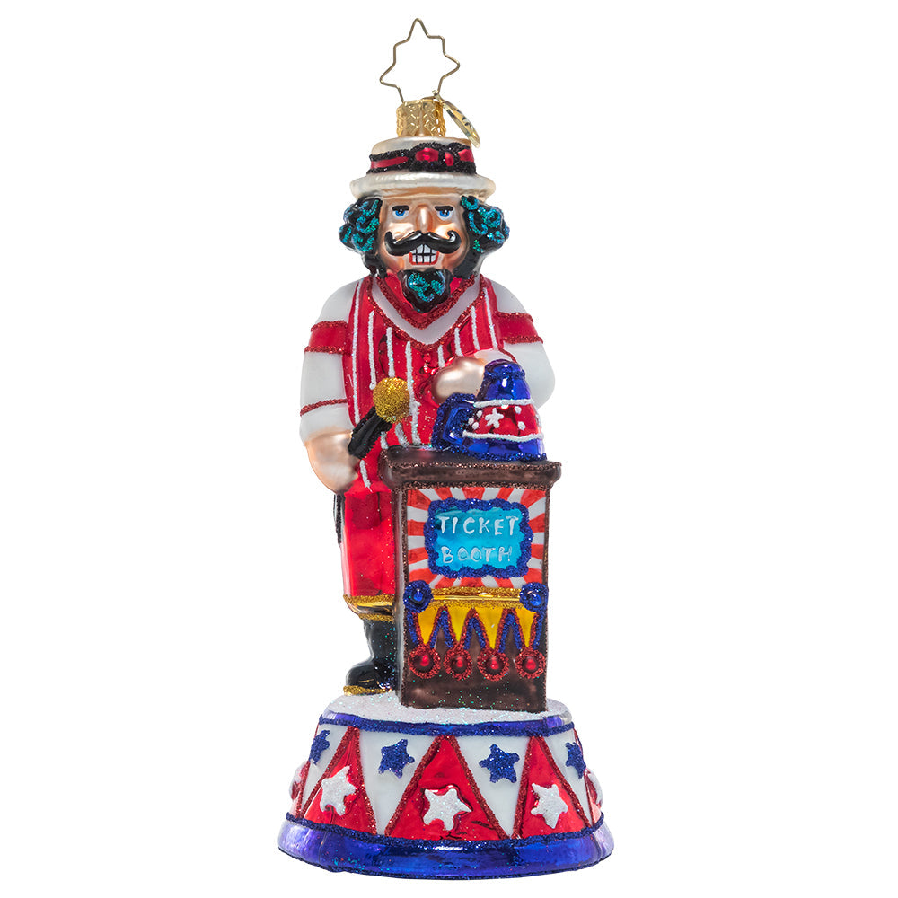 Ornament Description - Showtime Nutcracker: Tonight's the night! This nutcracker gent is ready to take tickets and welcome guests to the big holiday show.