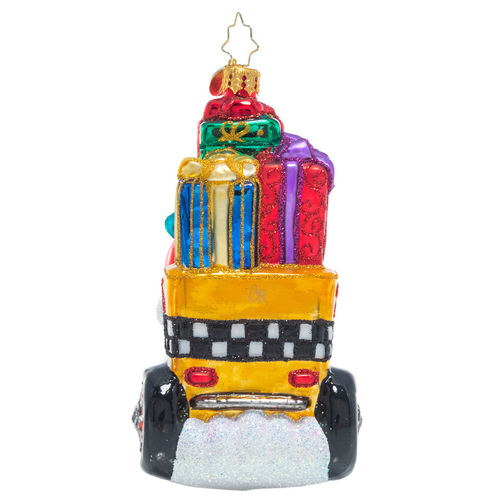 Back - Ornament Description - Pedal Pusher: Beep beep, coming through! Santa's taking to the streets on his pedicab piled high with all his Christmas deliveries.