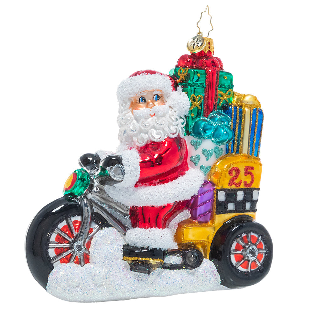 Front - Ornament Description - Pedal Pusher: Beep beep, coming through! Santa's taking to the streets on his pedicab piled high with all his Christmas deliveries.