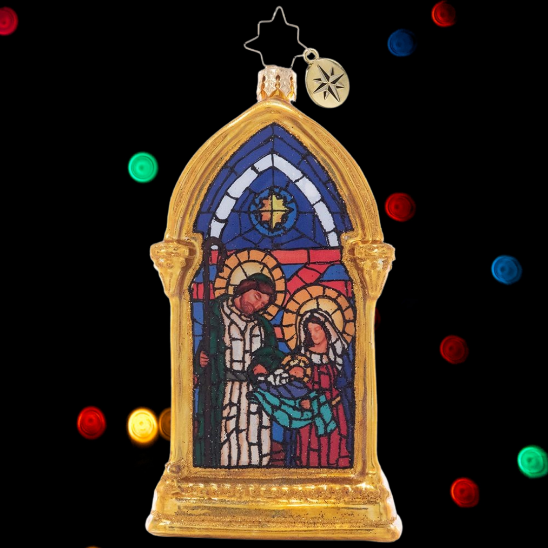 Ornament Description - Silent Night Nativity: All is calm, all is bright. The peaceful glow of a nativity scene and the Christmas star are captured by this stunning stained-glass motif within a gilded frame.