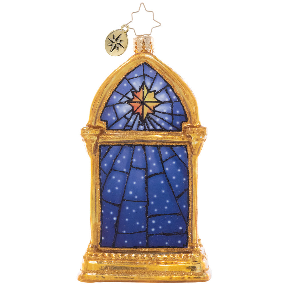 Back - Ornament Description - Silent Night Nativity: All is calm, all is bright. The peaceful glow of a nativity scene and the Christmas star are captured by this stunning stained-glass motif within a gilded frame.
