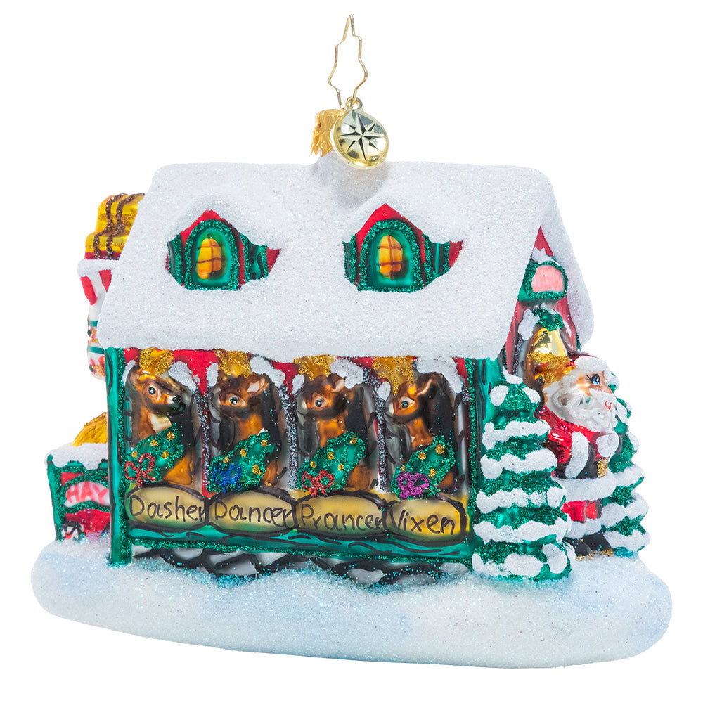 Side View - Ornament Description - Santa's Stables: Only the best for Santa's trusted reindeer team! He's made sure his friends live the high life in these cozy Christmas stables.