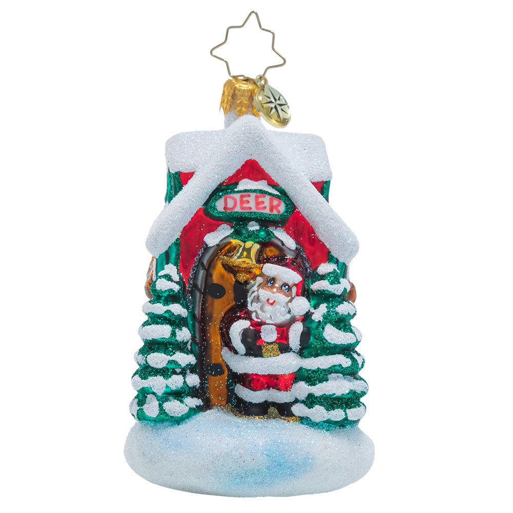 Front View - Ornament Description - Santa's Stables: Only the best for Santa's trusted reindeer team! He's made sure his friends live the high life in these cozy Christmas stables.