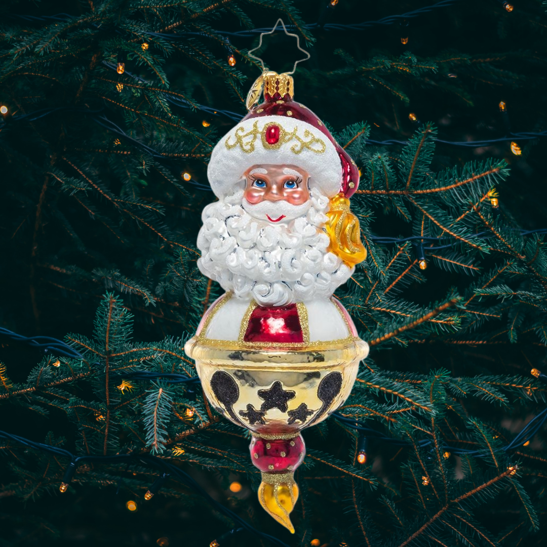 Ornament Description - Jingle All the Way: From his place atop a golden jingle bell, Santa's ready to ring in the Christmas season! This ornament shines in luxe tones of metallic gold and deep ruby red.
