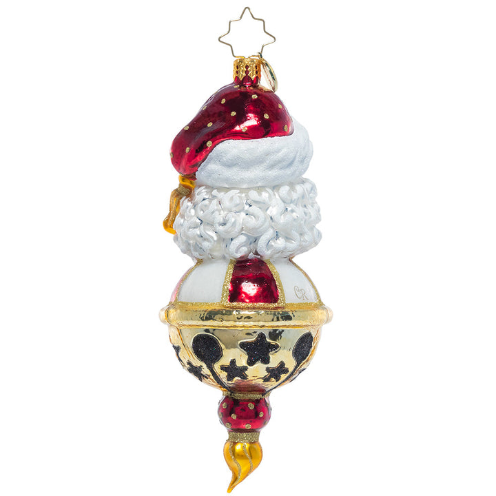 Back - Ornament Description - Jingle All the Way: From his place atop a golden jingle bell, Santa's ready to ring in the Christmas season! This ornament shines in luxe tones of metallic gold and deep ruby red.