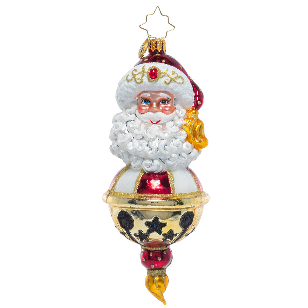 Front - Ornament Description - Jingle All the Way: From his place atop a golden jingle bell, Santa's ready to ring in the Christmas season! This ornament shines in luxe tones of metallic gold and deep ruby red.