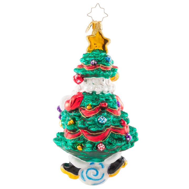 Back - Ornament Description - Tree-rific Santa: Sneaky Santa! He's doing his best to go incognito in this silly Christmas tree costume, but there's no denying that Saint Nick was definitely made to stand out!
