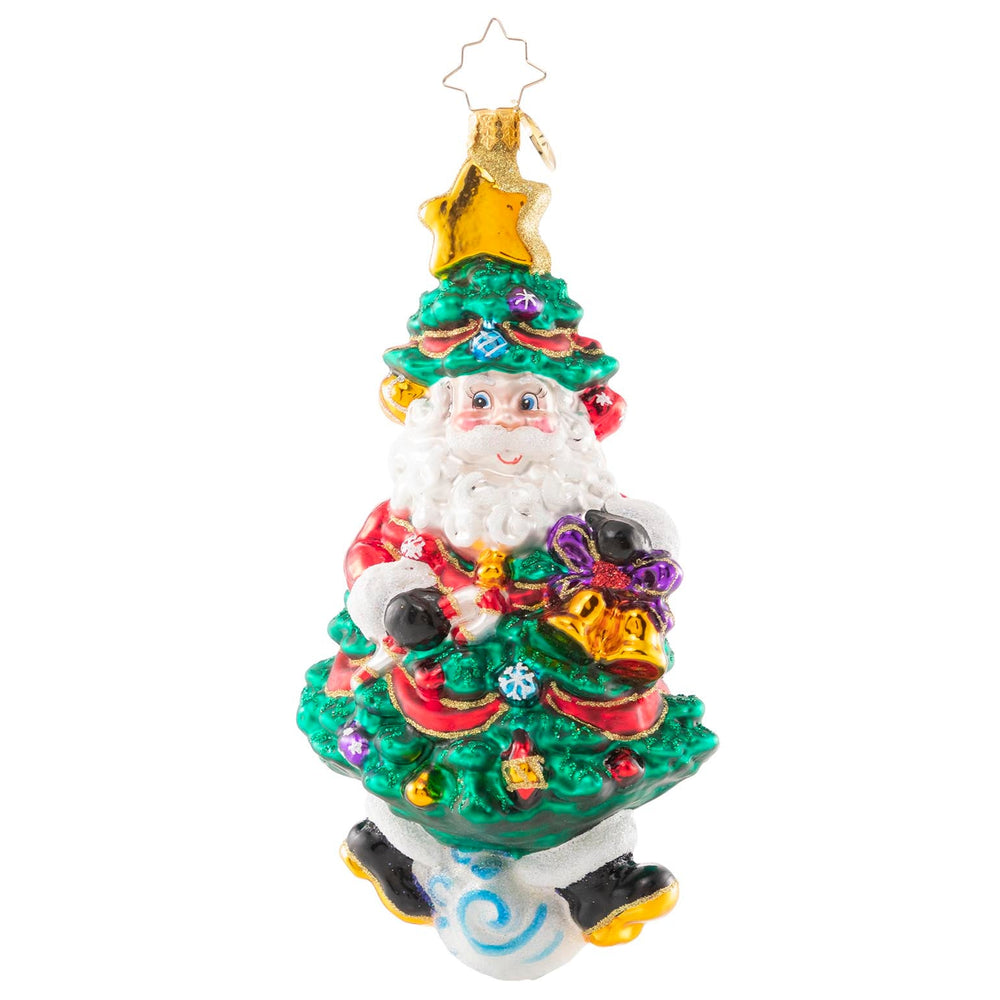 Ornament Description - Tree-rific Santa: Sneaky Santa! He's doing his best to go incognito in this silly Christmas tree costume, but there's no denying that Saint Nick was definitely made to stand out!