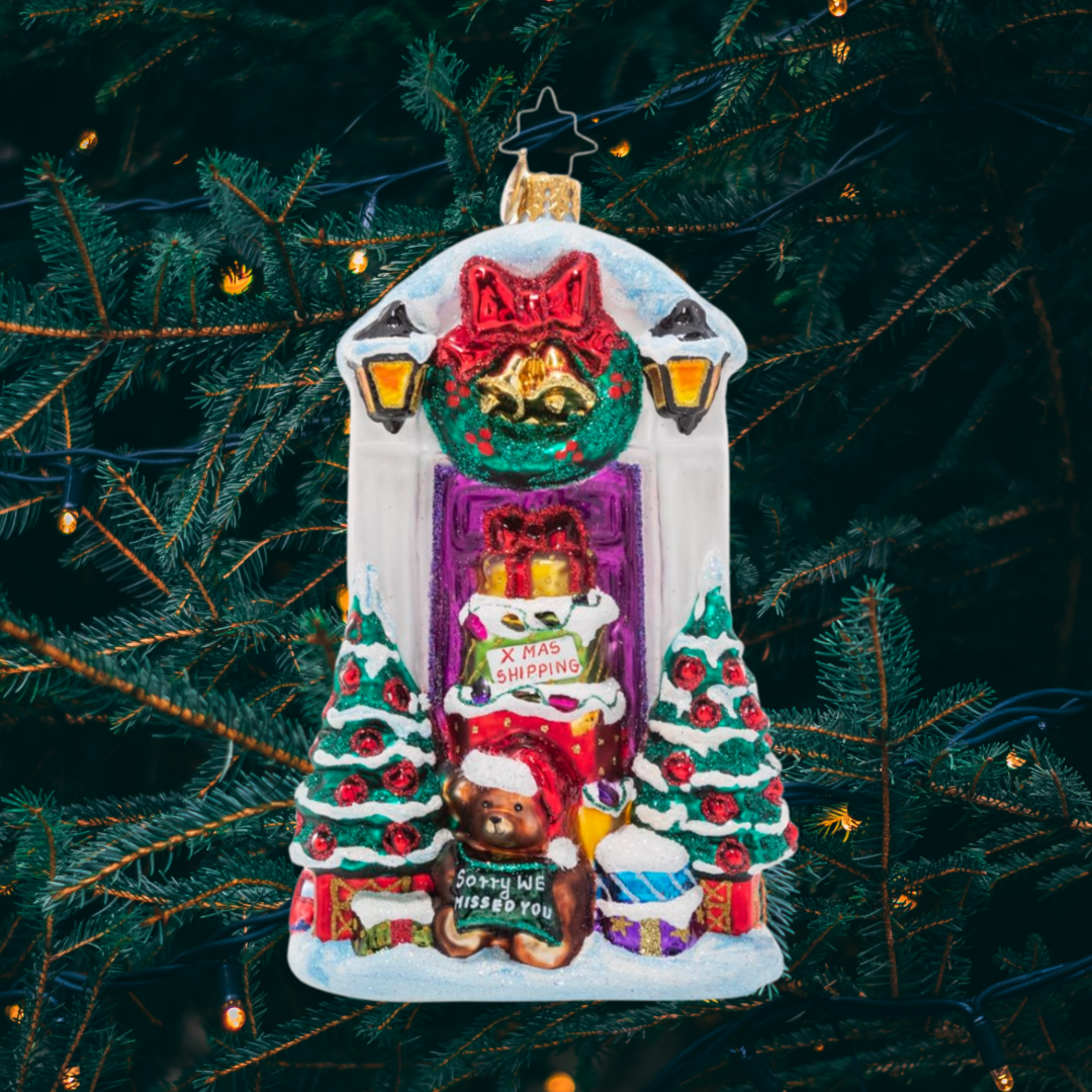 Ornament Description - Christmas Deliveries: Special delivery! Someone in this household is definitely on the nice list this year; their porch is piled high with Christmas surprises!