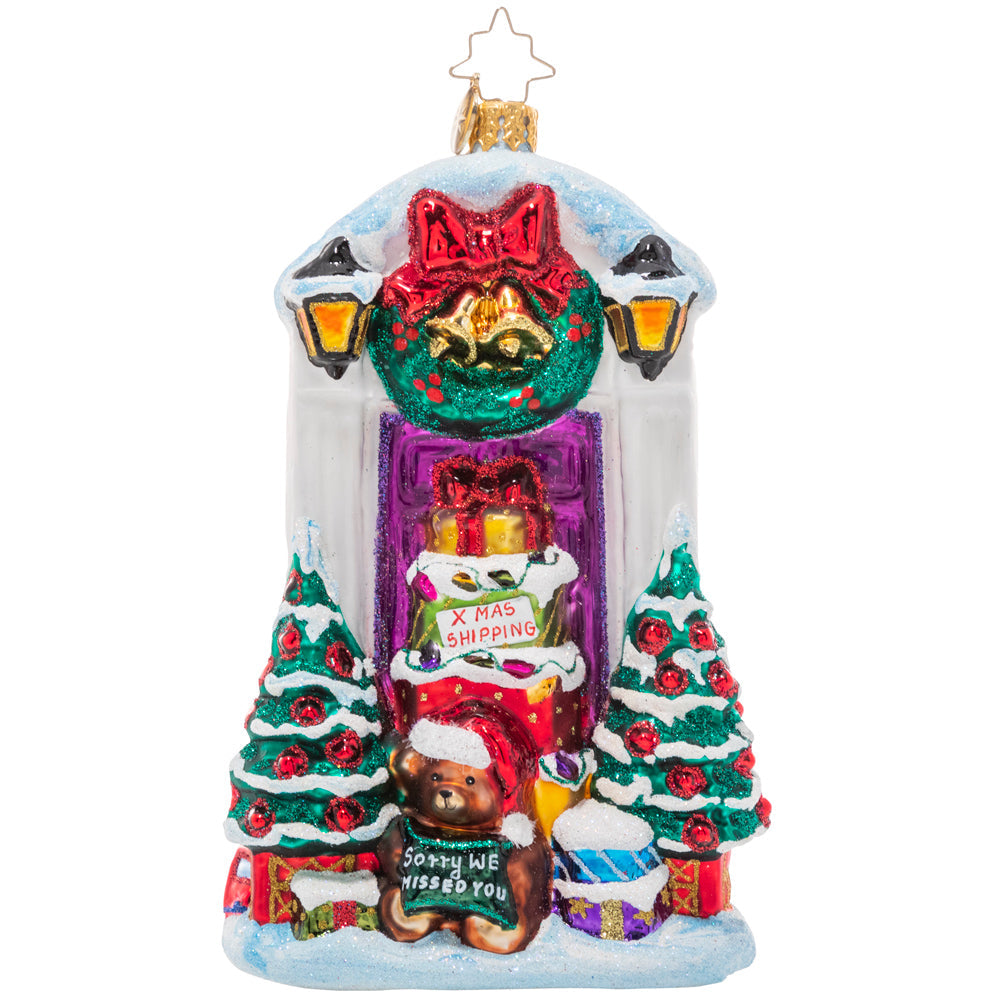 Front - Ornament Description - Christmas Deliveries: Special delivery! Someone in this household is definitely on the nice list this year; their porch is piled high with Christmas surprises!