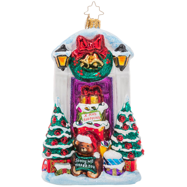 Front - Ornament Description - Christmas Deliveries: Special delivery! Someone in this household is definitely on the nice list this year; their porch is piled high with Christmas surprises!