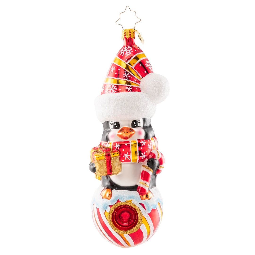 Front - Ornament Description - Play it Cool: This tiny penguin friend smiles from her perch atop a peppermint candy ball in a swirly Santa hat and matching scarf. She's looking minty, merry and marvelous!