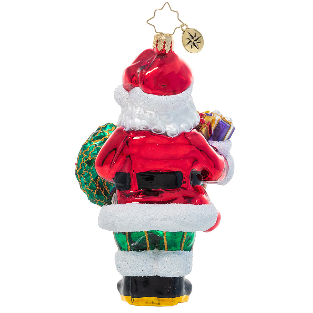 Back - Ornament Description - Christmas Splendor Claus: Fa-la-la-la-la! Armed with a holiday wreath to hang and a Christmas stocking already stuffed full of surprises, Santa is ready to deck the halls.