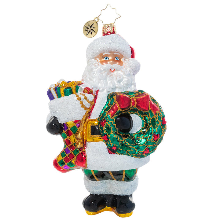 Front - Ornament Description - Christmas Splendor Claus: Fa-la-la-la-la! Armed with a holiday wreath to hang and a Christmas stocking already stuffed full of surprises, Santa is ready to deck the halls.