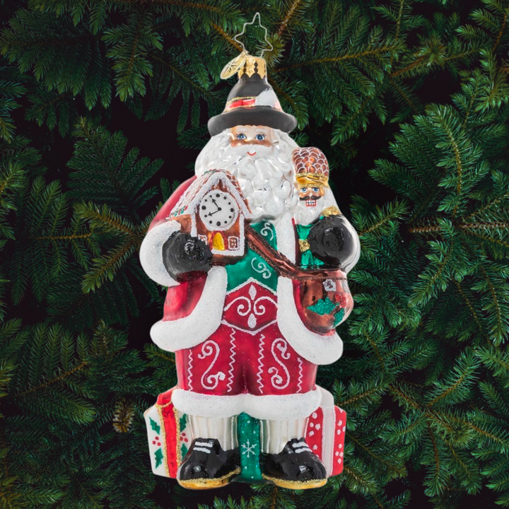 Ornament Description - Wikommen Santa!: Frohe Weihnachten! From head to toe, Santa puts a Bavarian-inspired twist on his traditional Christmas dress.