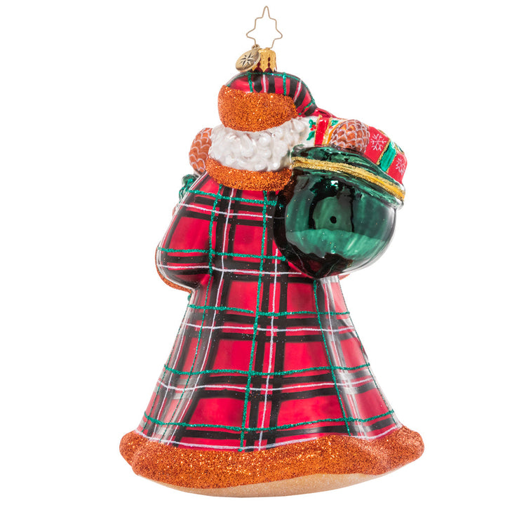 Back - Ornament Description - Perfectly Plaid Santa: This Hebridean Santa puts a stylish twist on the traditional Santa look. He's perfect in plaid with his fur-trimmed outfit and toque – cozy as can be!