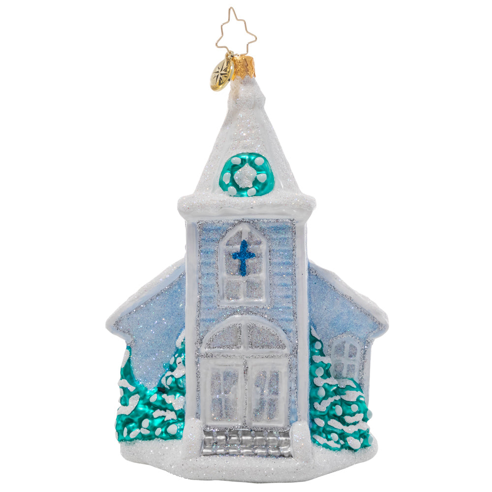Front - Ornament Description - White Christmas Chapel: Nestled in new-fallen snow, this glistening chapel is what white Christmas dreams are made of! Hang it from your tree to remind you of the warmth that comes from gathering together to celebrate the reason for the season.