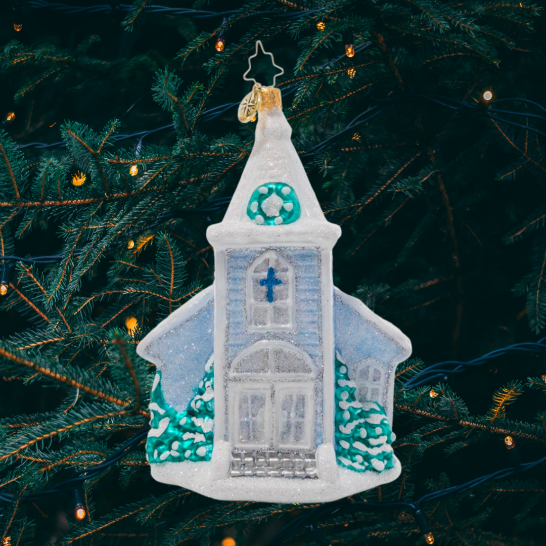 Ornament Description - White Christmas Chapel: Nestled in new-fallen snow, this glistening chapel is what white Christmas dreams are made of! Hang it from your tree to remind you of the warmth that comes from gathering together to celebrate the reason for the season.