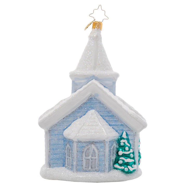 Back - Ornament Description - White Christmas Chapel: Nestled in new-fallen snow, this glistening chapel is what white Christmas dreams are made of! Hang it from your tree to remind you of the warmth that comes from gathering together to celebrate the reason for the season.