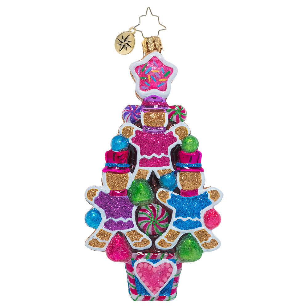 Back - Ornament Description - The Sweetest Treats: Treats on treats! These little gingerbread fellows have stacked themselves up in a jewel-toned festive formation – a sweet cookie Christmas tree!