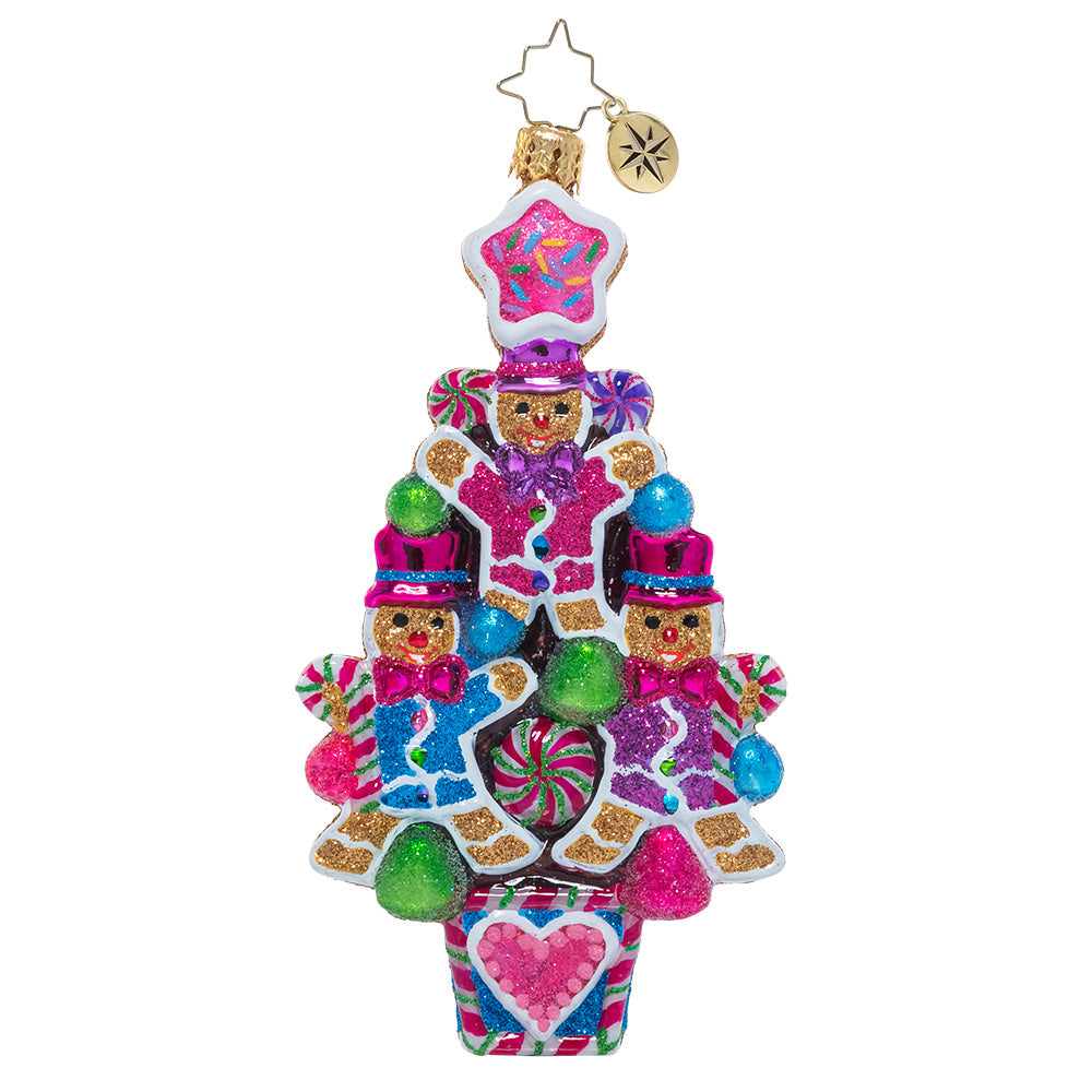 Front - Ornament Description - The Sweetest Treats: Treats on treats! These little gingerbread fellows have stacked themselves up in a jewel-toned festive formation – a sweet cookie Christmas tree!